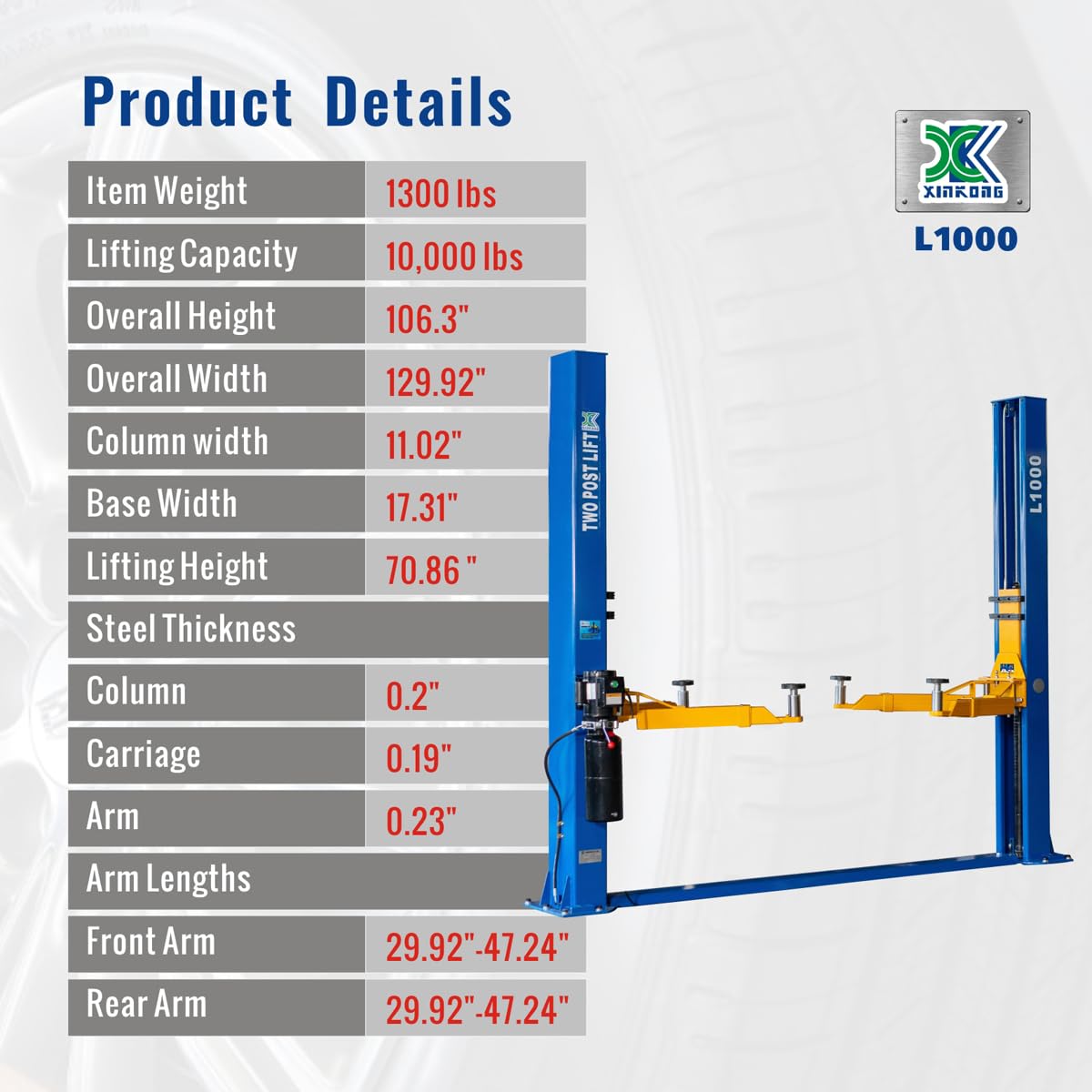 XK L1000 2-Post Car Lift – 10,000 lbs / 4,536 kg Capacity, 220V Auto Hydraulic Truck Hoist with 3-Year Parts Warranty - Image 25
