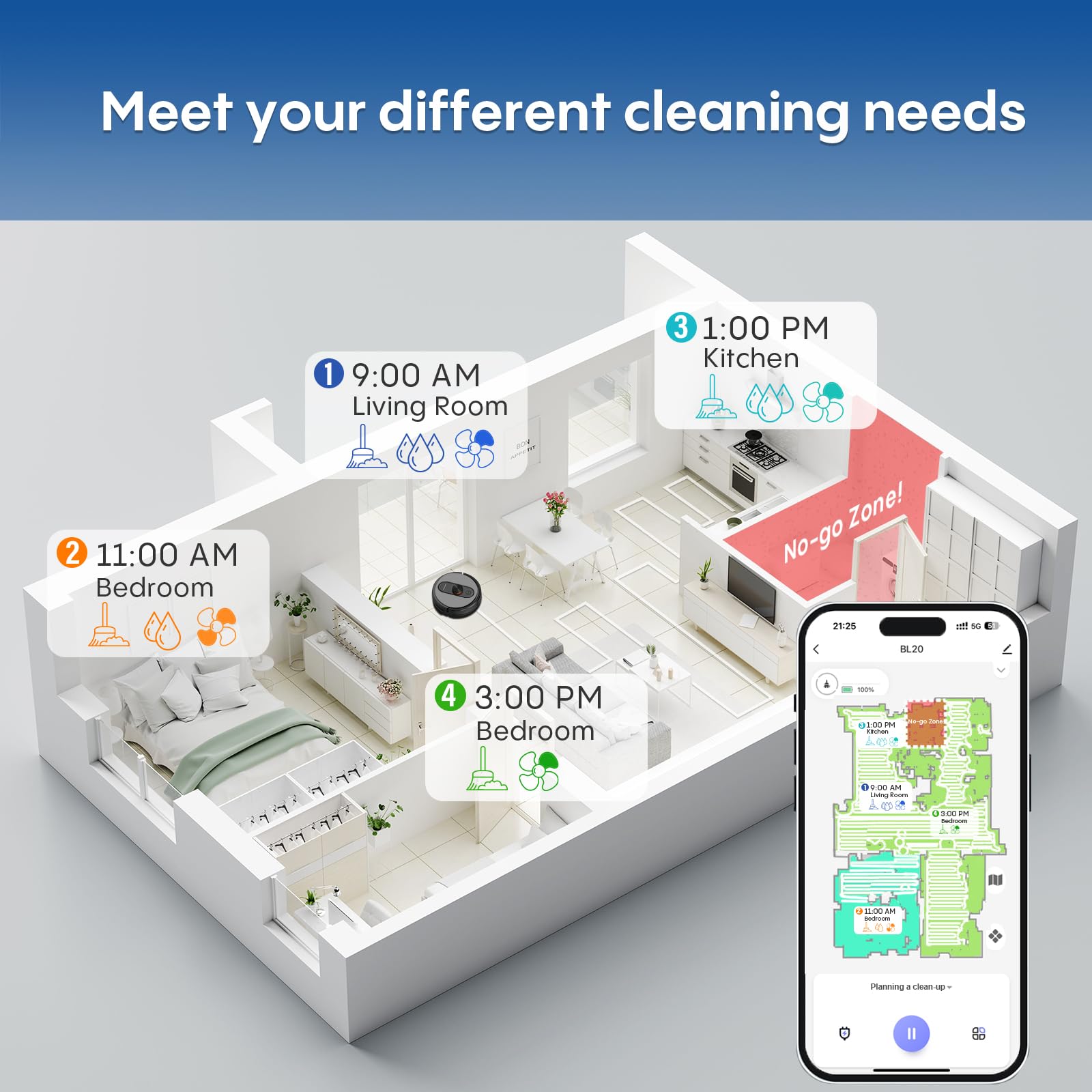 Eitton BL--20 Robot Vacuum and Mop Combo – 5000Pa Suction, LiDAR Navigation, No-Go Zones, Smart Mapping, App/Alexa Control, Self-Charging, Ideal for Pet Hair, Hard Floors & Carpet - Image 13
