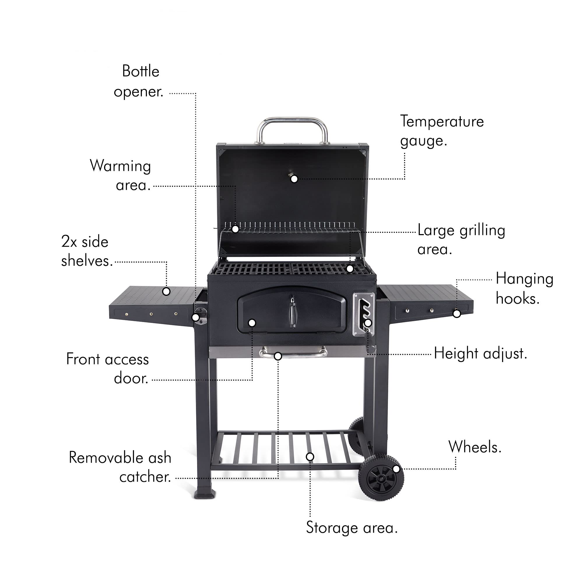 VonHaus XL Charcoal BBQ Grill & Smoker – Portable Barbecue with Warming Rack, Side Shelves, Wheels, Temperature Gauge – Outdoor Cooking for Meat, Fish & Veg - Image 10