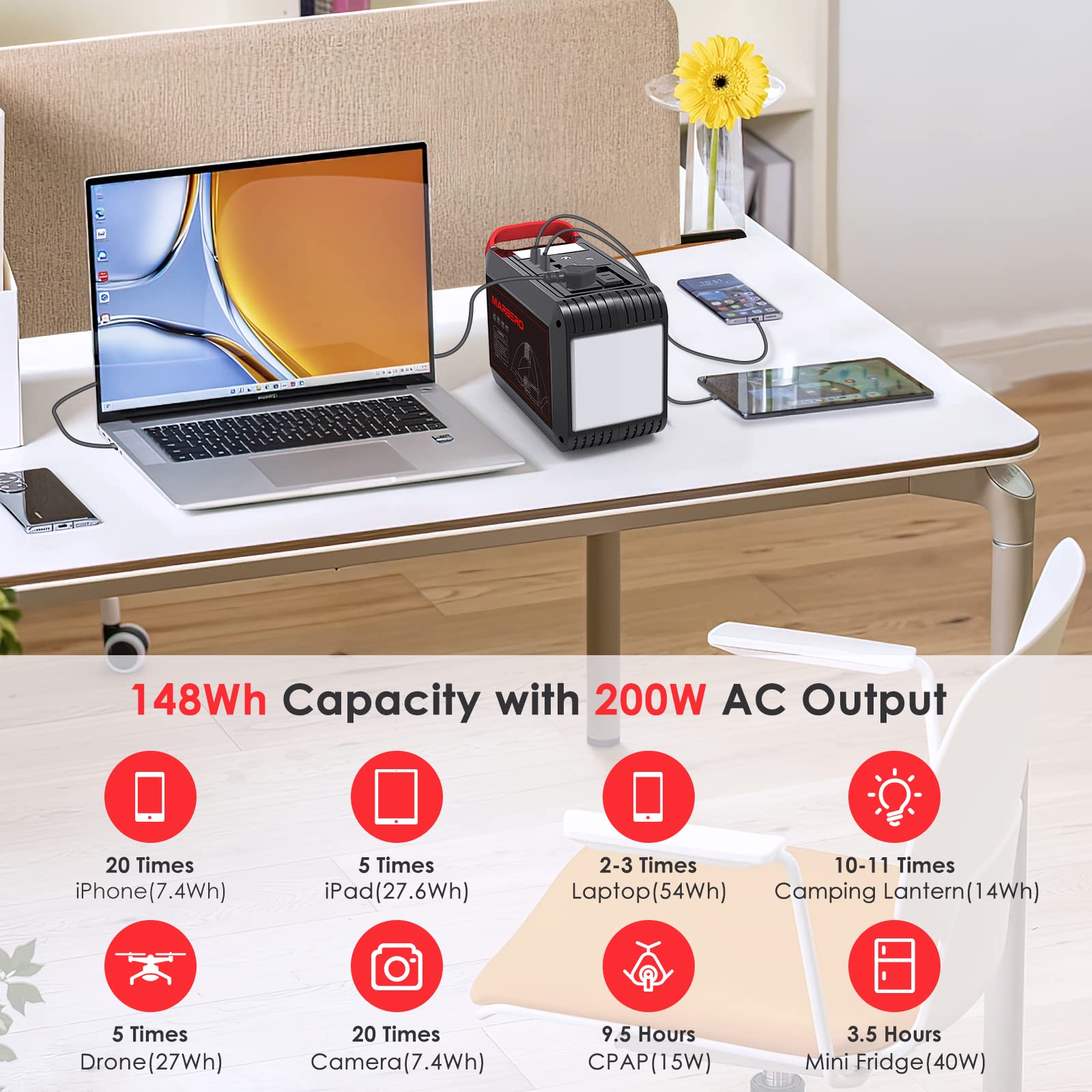 MARBERO M82 Portable Power Station – 88Wh/24000mAh Lithium Battery | 80W AC Output | Solar Rechargeable Backup Power Bank for Camping, Emergency, RV & Outdoor Use - Image 11