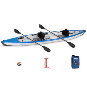 Sea Eagle RazorLite 393RL Inflatable Kayak – Ultra-Light Drop-Stitch Touring Kayak (Solo/Tandem) with FlexBrace2 Footrests, Tall Back Seat, Paddle, Pump & Backpack