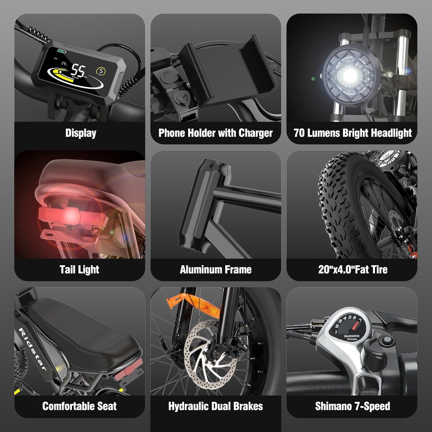 Ridstar Q20 20″ Fat-Tyre Electric Dirt Bike – Peak 1500 W motor, 48 V 15.6 Ah battery (30-75 mi range), 30 mph top-speed - Image 6