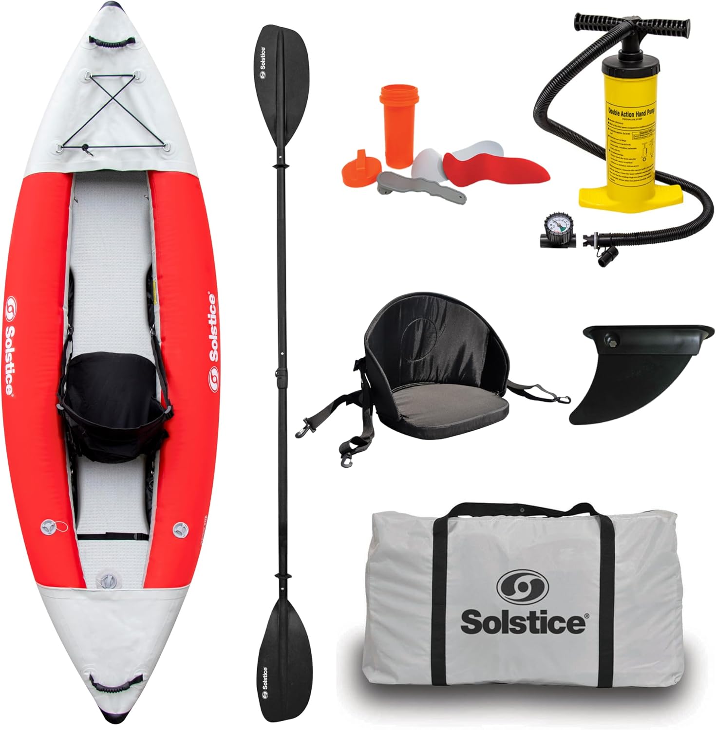 Solstice Flare 1P 9’6″ Inflatable Fishing Kayak – Performance Drop-Stitch Floor, PVC Pontoons, Adjustable Seat & Accessories