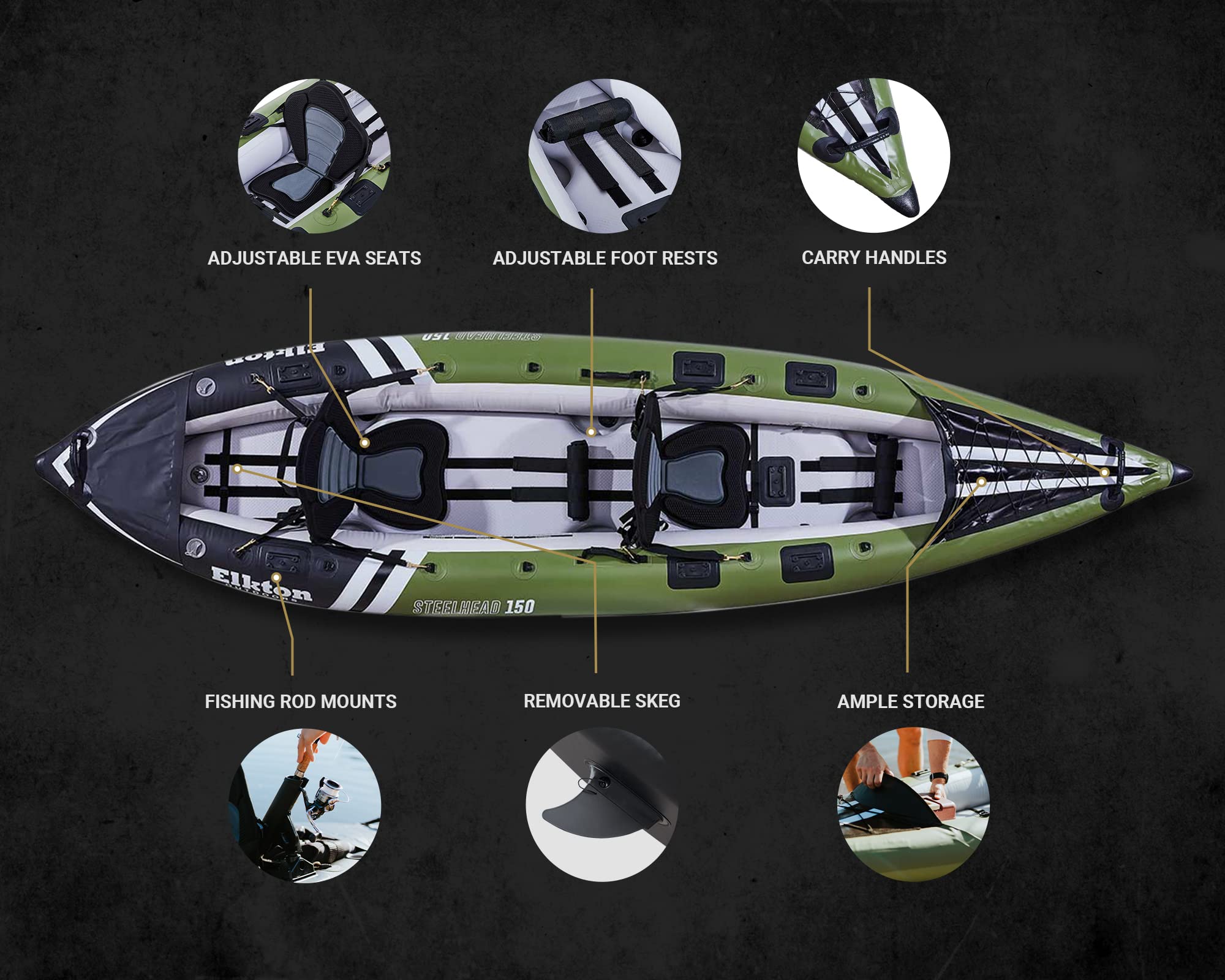 Elkton Outdoors Steelhead 130 12’6″ Inflatable Fishing Kayak – Rigid Dropstitch Floor, Tandem Kayak with Seats, Paddles & Accessories - Image 4