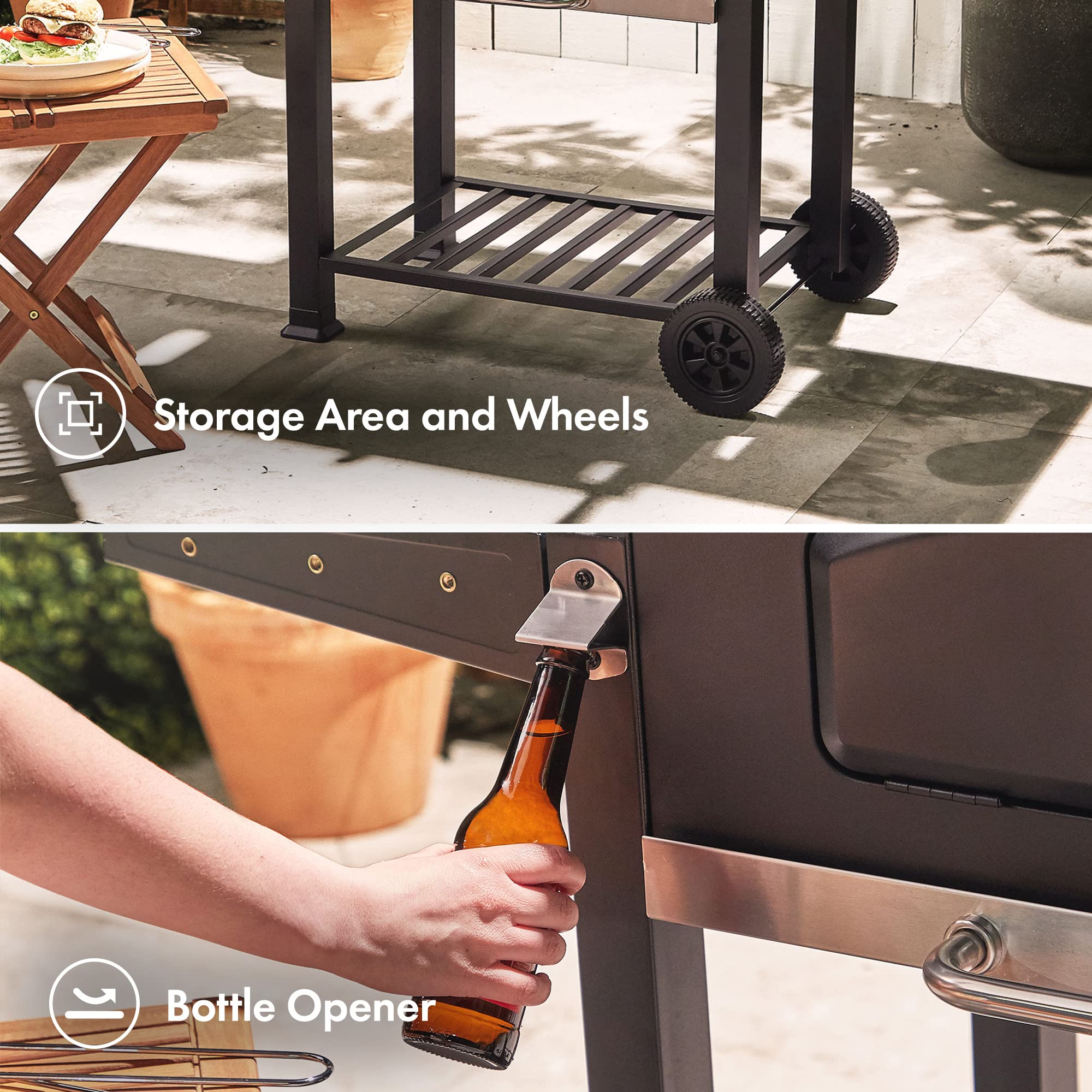 VonHaus XL Charcoal BBQ Grill & Smoker – Portable Barbecue with Warming Rack, Side Shelves, Wheels, Temperature Gauge – Outdoor Cooking for Meat, Fish & Veg - Image 9