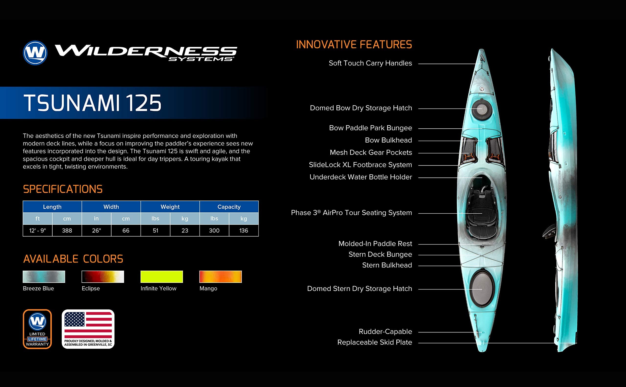Wilderness Systems Tsunami 125 12′9″ Sit-Inside Touring Kayak – Phase 3 AirPro Seat & Dual Hatches - Image 6