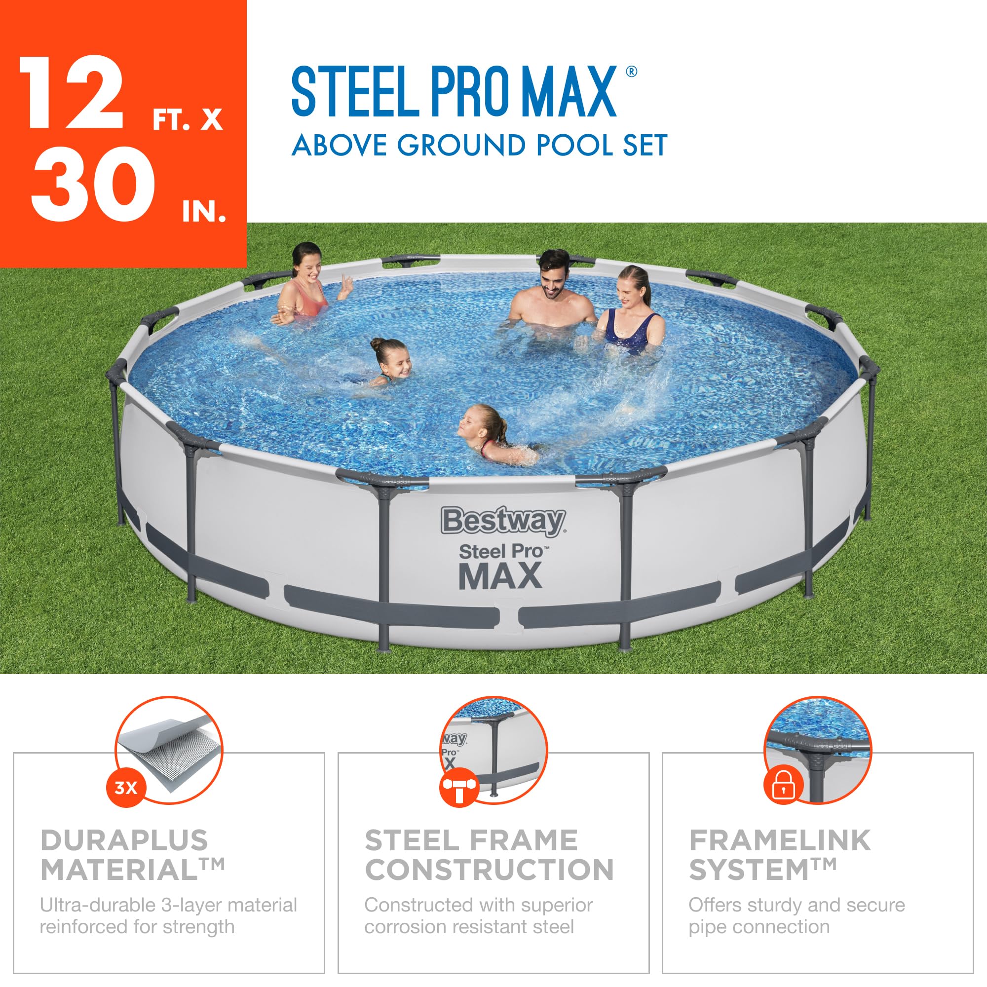 Bestway Steel Pro MAX 12ft (3.66m) x 30in (76cm) Round Above Ground Swimming Pool Set with Filter Pump – 6,473L Capacity – Durable Metal Frame Family Outdoor Pool – Gray - Image 10