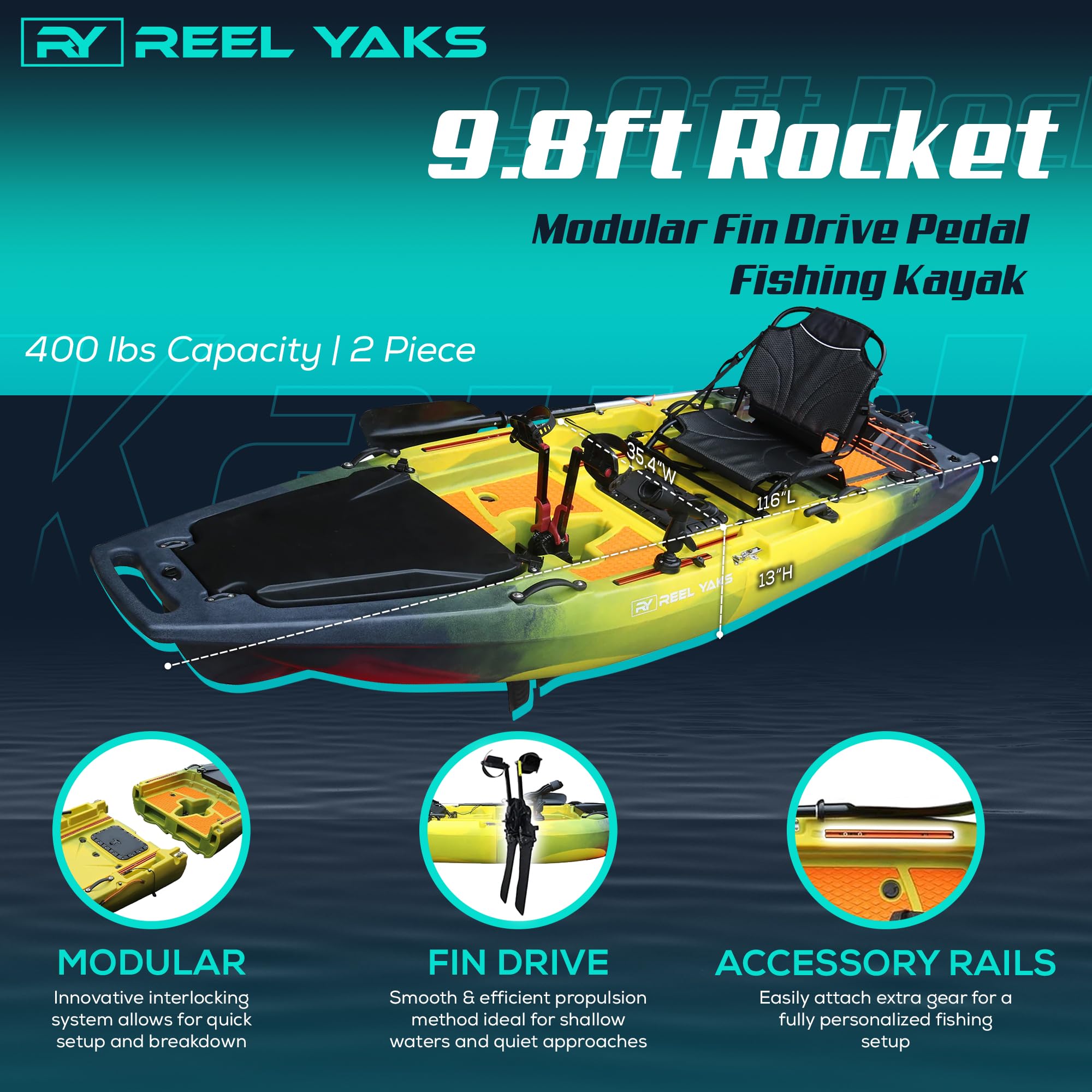 Rocket Modular Fishing Kayak – 9.8 ft Sit-On-Top, Fin & Propeller Drive, 495 lb Capacity, Lightweight & Portable - Image 3