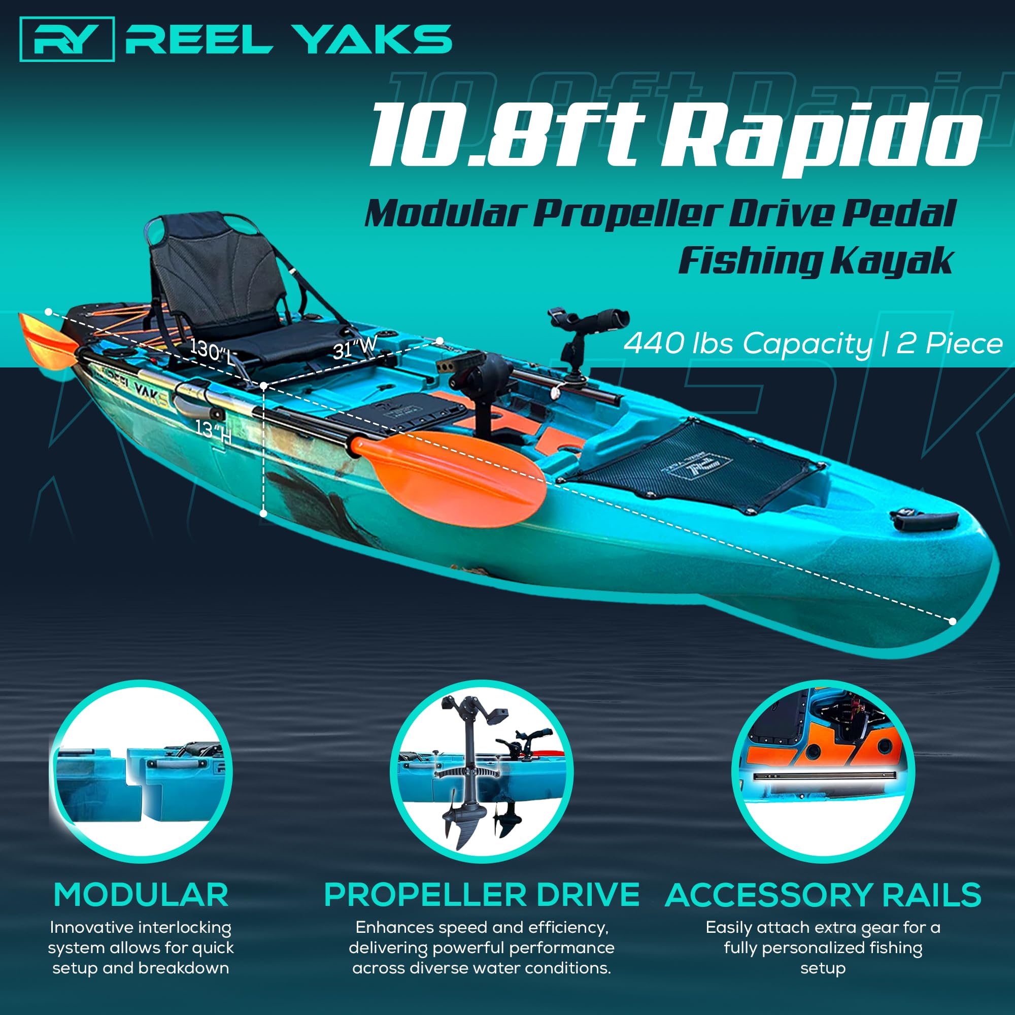 Rapido Modular Fishing Kayak – 10.8 ft Sit-On-Top, Propeller Drive, 400 lb Capacity, Lightweight & Portable - Image 2