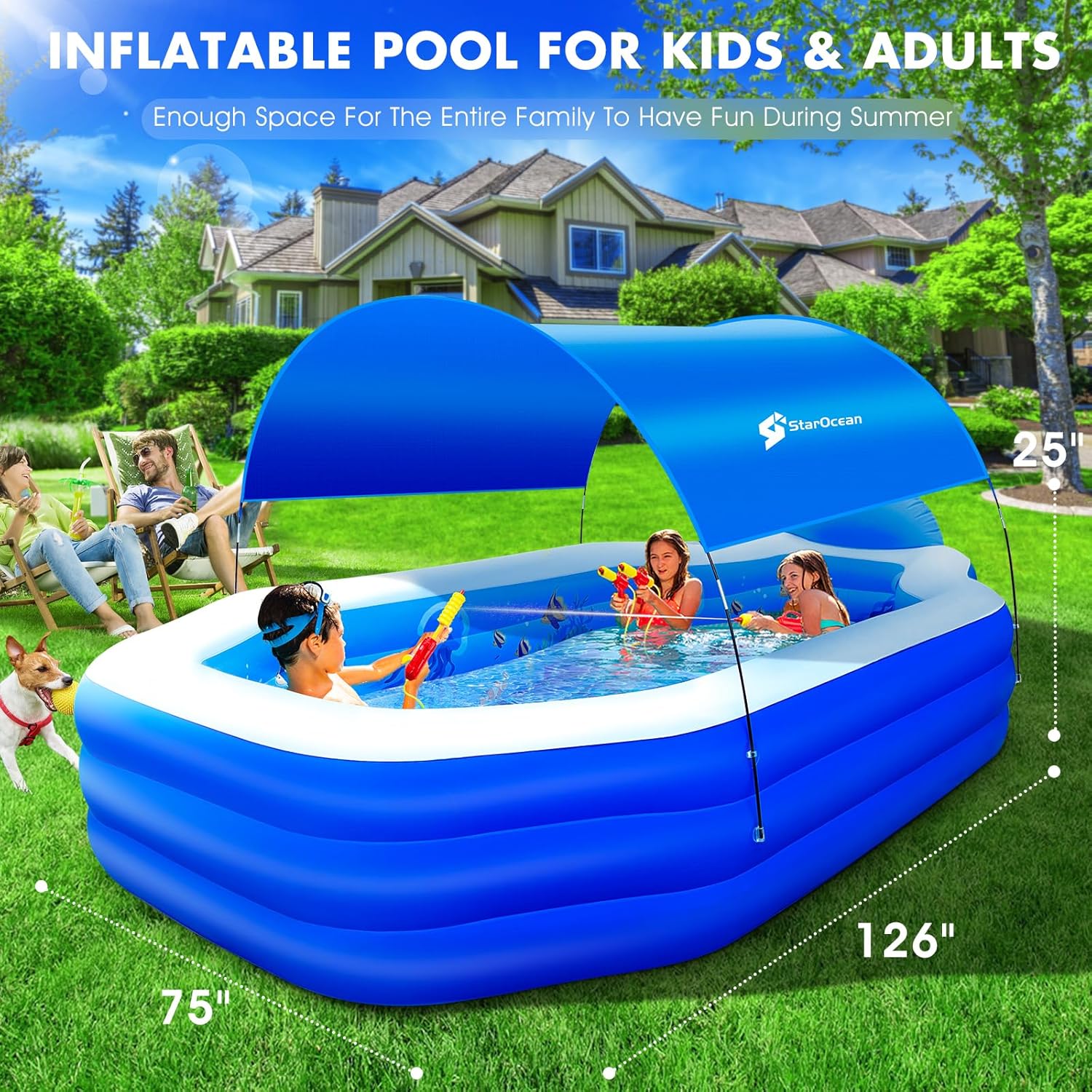 StarOcean 126" x 75" x 25" (320cm x 190cm x 64cm) Inflatable Pool with Canopy for Adults & Kids – Thick 0.6mm PVC, Built-in Seats, Backrests, and Ocean Print – Large Rectangular Blow-Up Family Pool for Backyard - Image 3