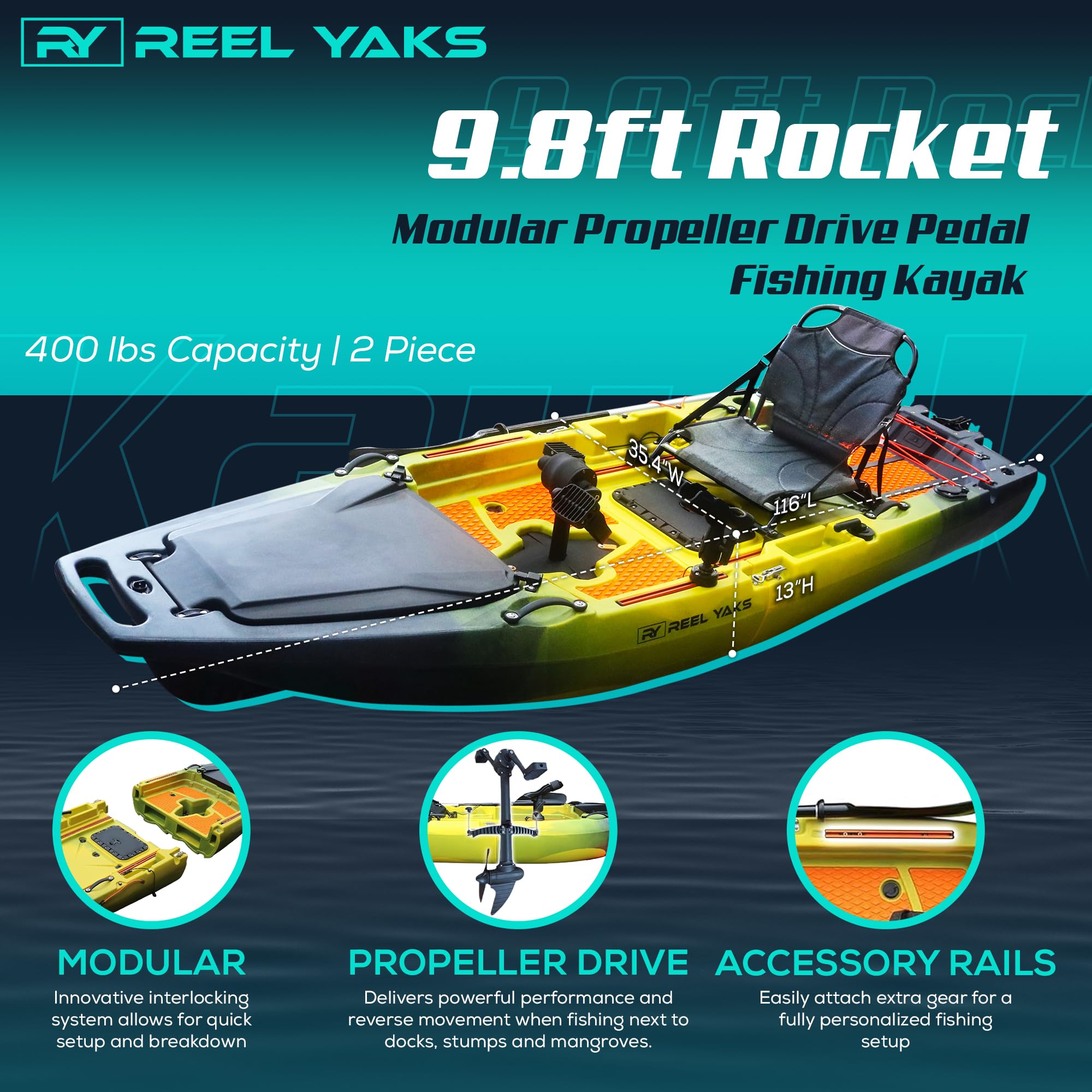Rocket Modular Fishing Kayak – 9.8 ft Sit-On-Top, Fin & Propeller Drive, 495 lb Capacity, Lightweight & Portable - Image 8