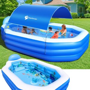 StarOcean 126" x 75" x 25" (320cm x 190cm x 64cm) Inflatable Pool with Canopy for Adults & Kids – Thick 0.6mm PVC, Built-in Seats, Backrests, and Ocean Print – Large Rectangular Blow-Up Family Pool for Backyard