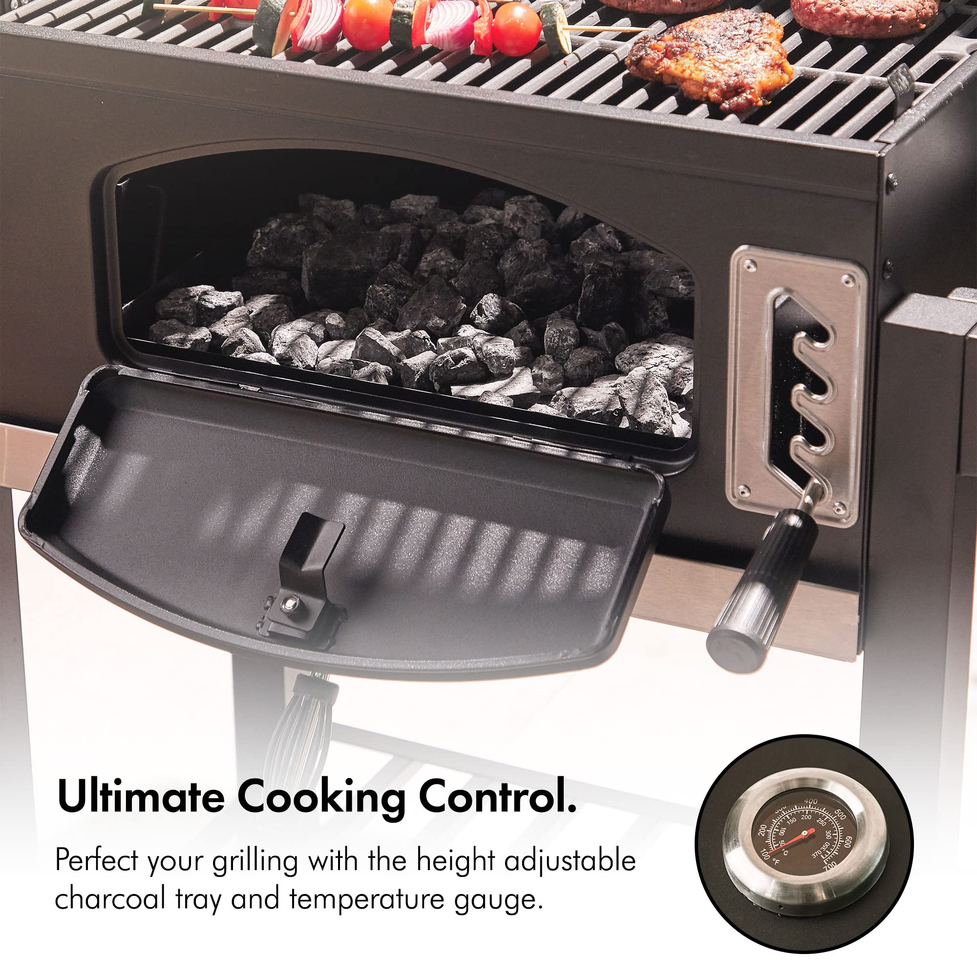 VonHaus XL Charcoal BBQ Grill & Smoker – Portable Barbecue with Warming Rack, Side Shelves, Wheels, Temperature Gauge – Outdoor Cooking for Meat, Fish & Veg - Image 5