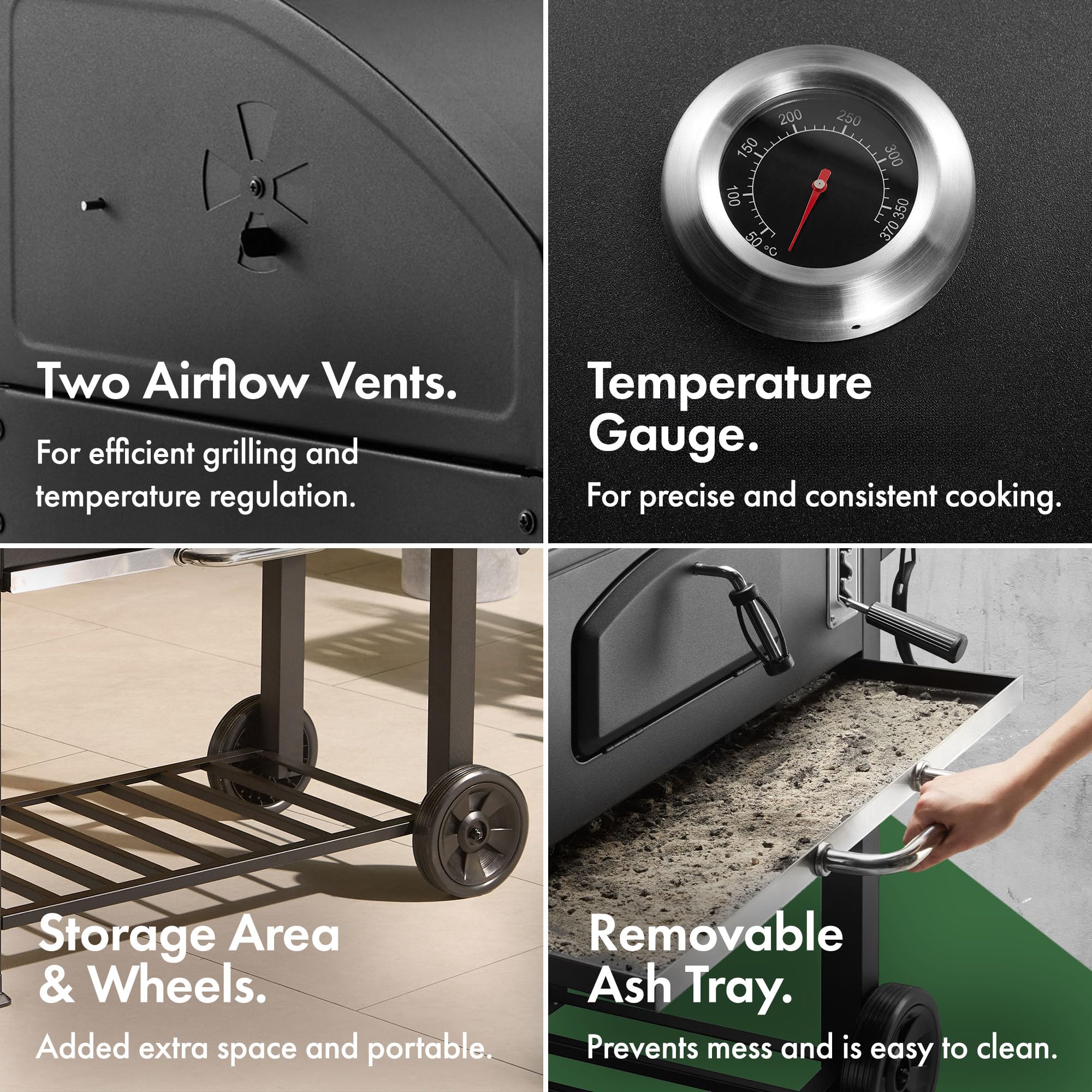 VonHaus XL Charcoal BBQ Grill & Smoker – Portable Barbecue with Warming Rack, Side Shelves, Wheels, Temperature Gauge – Outdoor Cooking for Meat, Fish & Veg - Image 14