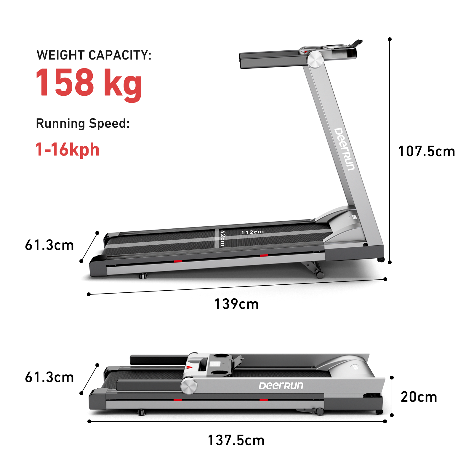 DeerRun A1 Pro Folding Smart Treadmill with 6% Incline - 16 KPH, 158 Kg Capacity